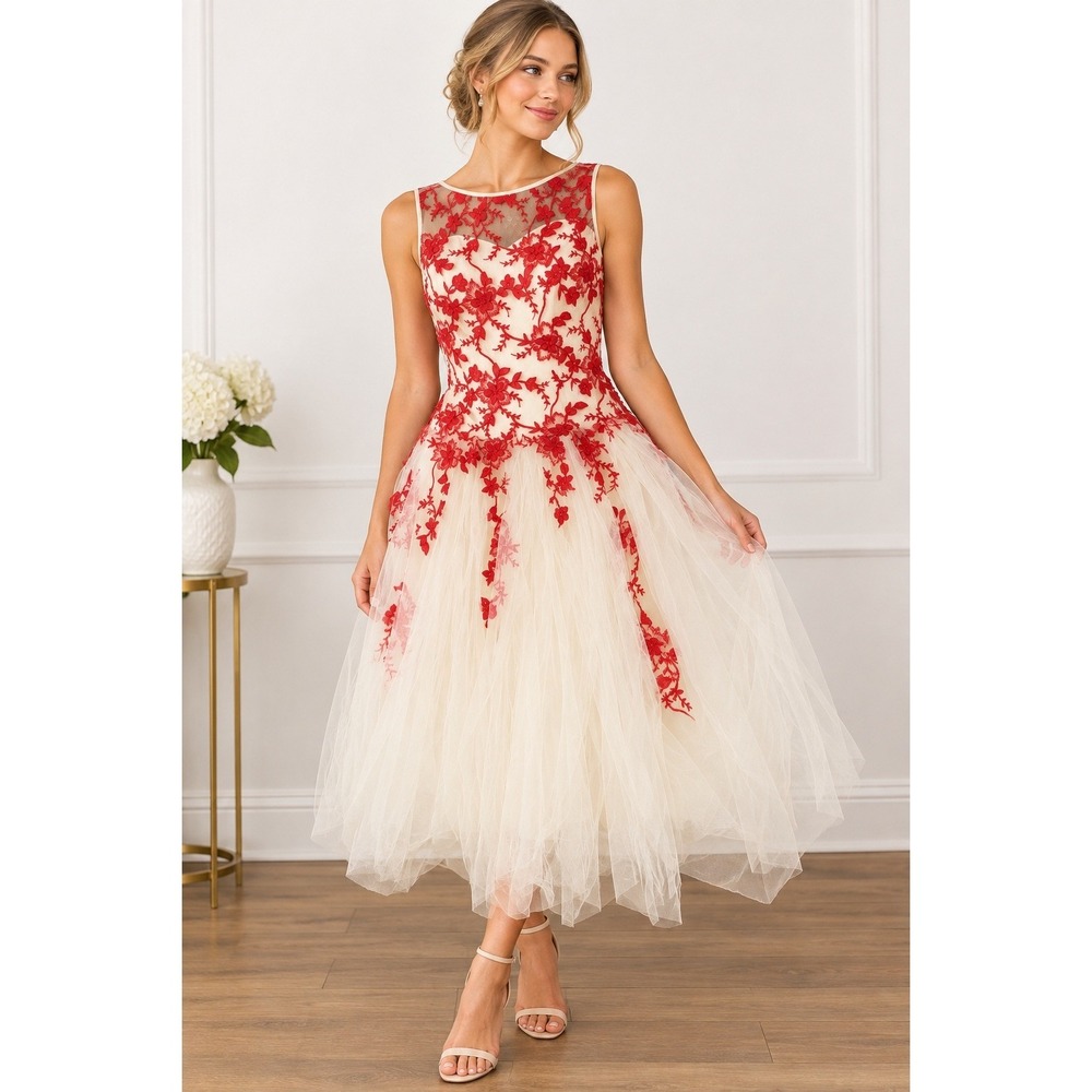 Red Floral Lace Tulle Formal Homecoming Dress Romantic Ballerina Princess Quince